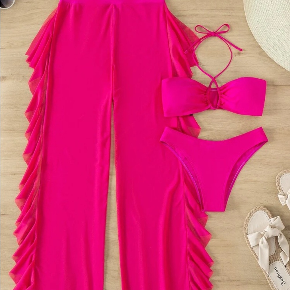 Chic Hot Pink Swim Set with Ruffle Pants